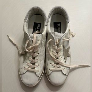 Golden Goose: White, Cream, and Silver Super Star Sneakers
